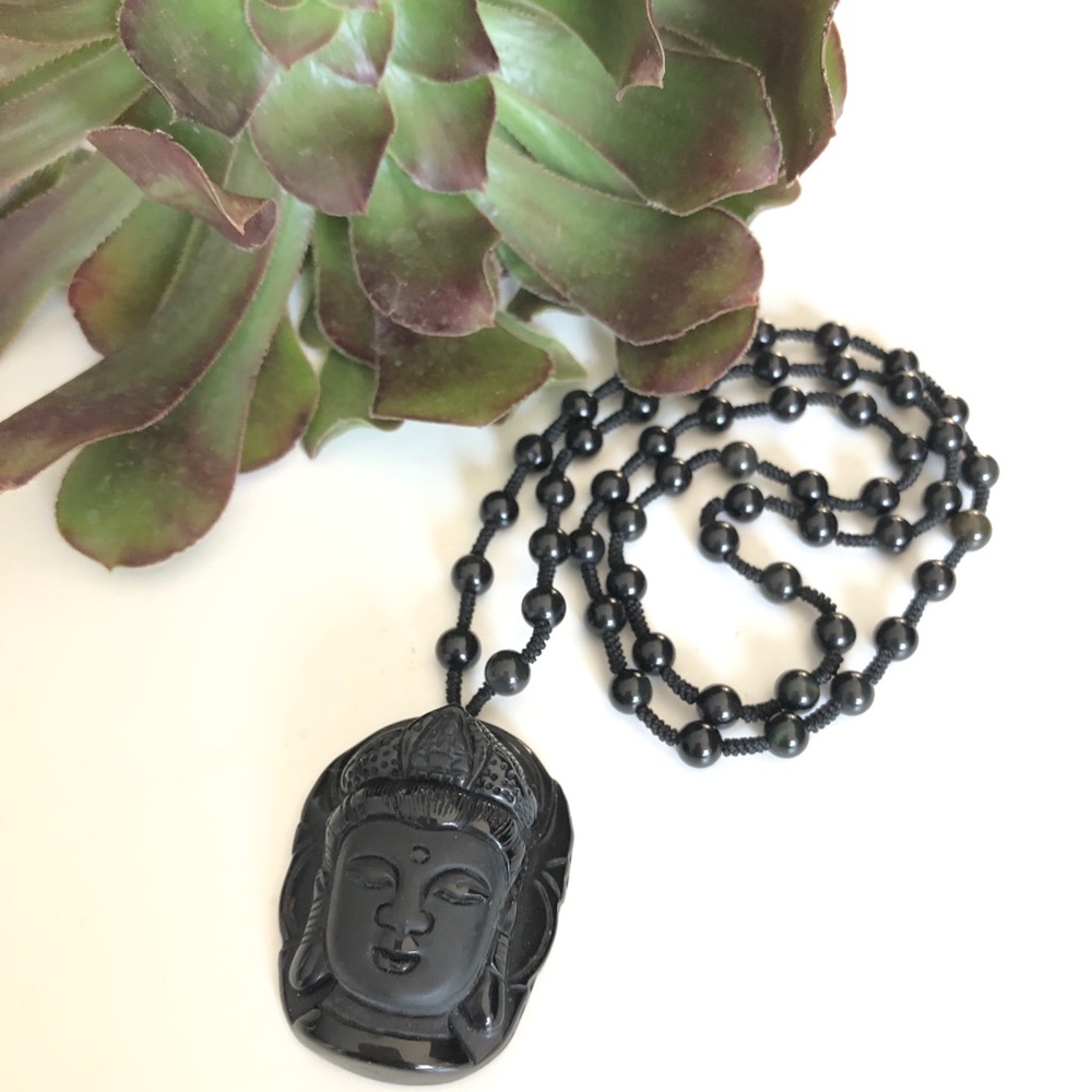 BUDDHA / SHIVA Handcrafted w Natural Black Onyx Knotted Long Necklace NWOT